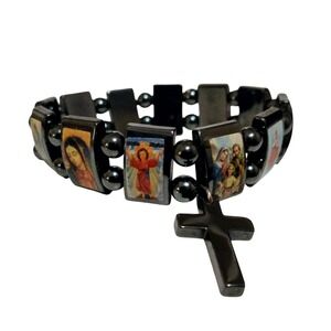 Vintage Religious Icons Hematite Stone Stretch Bracelet with Cross Charm Black